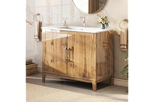 AMERLIFE Wood Bathroom Vanity with Sink Combo, 39" High Gloss Freestanding Single Sink Bath Vanity, Modern Bathroom Sink Cabinet with 2 Soft Close Doors & Bright Handles, Yellow Oak