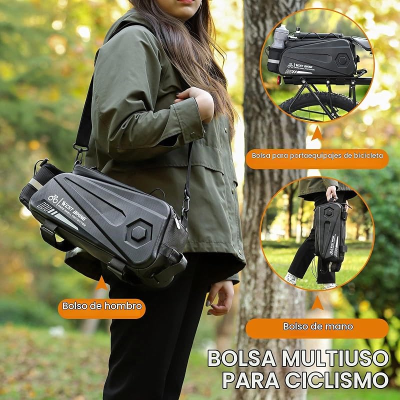 - Bolsa para portaequipajes de Bicicleta, 8,6 L, Doble Cremallera Resistente al Agua, alforja Posterior Impermeable, Bolsa de Carga con Correa y Funda para Lluvia, para Ciclismo