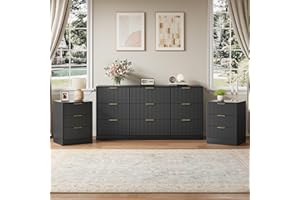 NOVAMAISON 9 Drawer Black Dresser & Nightstand Set 3-Piece, 63” Long Fluted Dresser Set Night Stand Set of 2 with Metal Handle, Modern Wood Chest of Drawers Storage Dressers Set for Bedroom, Black