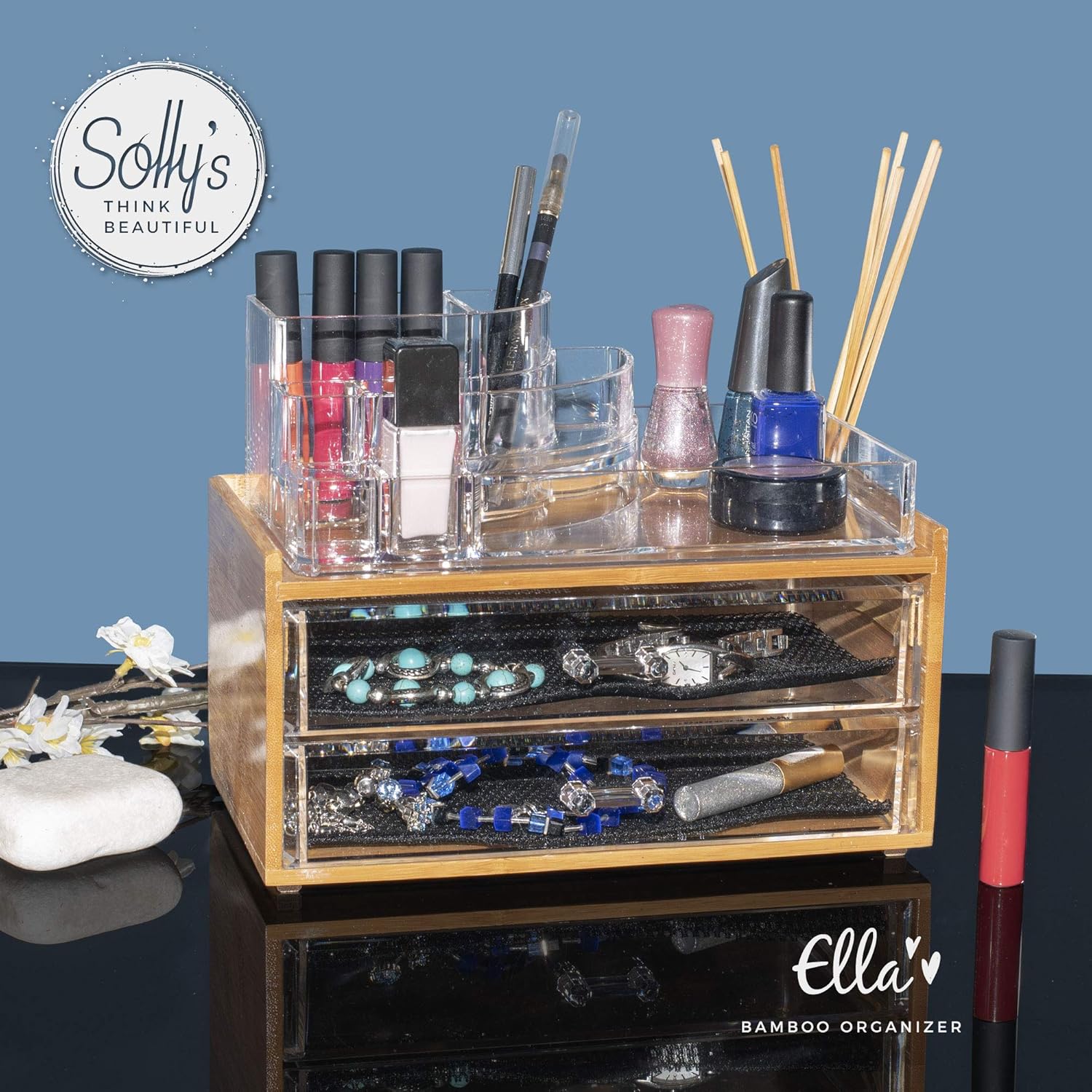 Original caja organizadora con cajones transparentes y acabado en Bambú.