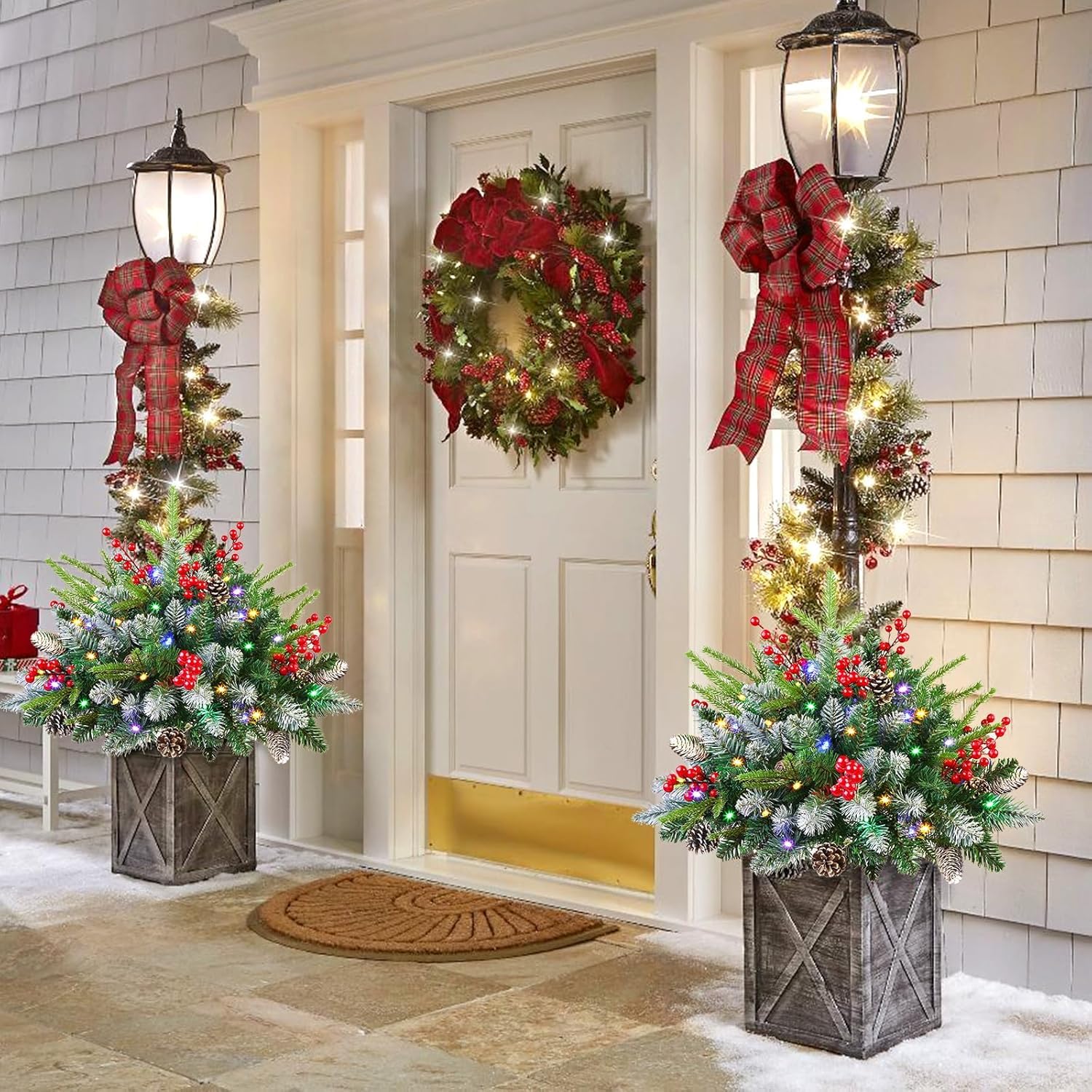 Photo 1 of 2 Pack Artificial Christmas Urn Filler,20" MUL-ti Color 50 LED Outdoor/Indoor Trees with 8 Modes & Auto Timer,Waterproof Battery Box & Stakes,Includes Pine Cones & Red Berries for Holiday Decor