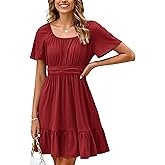 Simplee Womens Summer Dresses 2025 Mini Square Neck Casual Short Sleeve Shirred Flowy A-Line Dress with Pockets