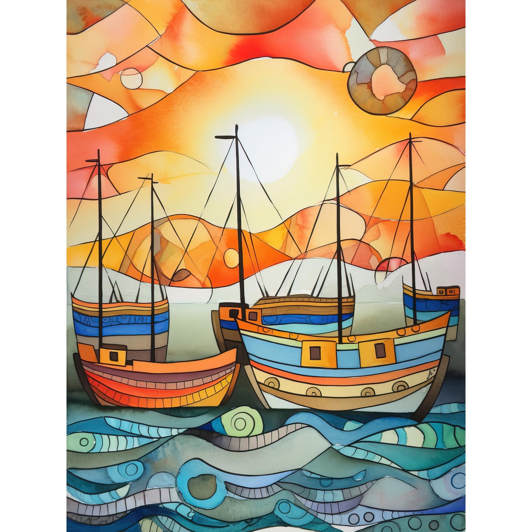 Artery8 Fishing Boats At Sunrise Folk Art Watercolour Painting Extra Large XL Wall Art Poster Print
