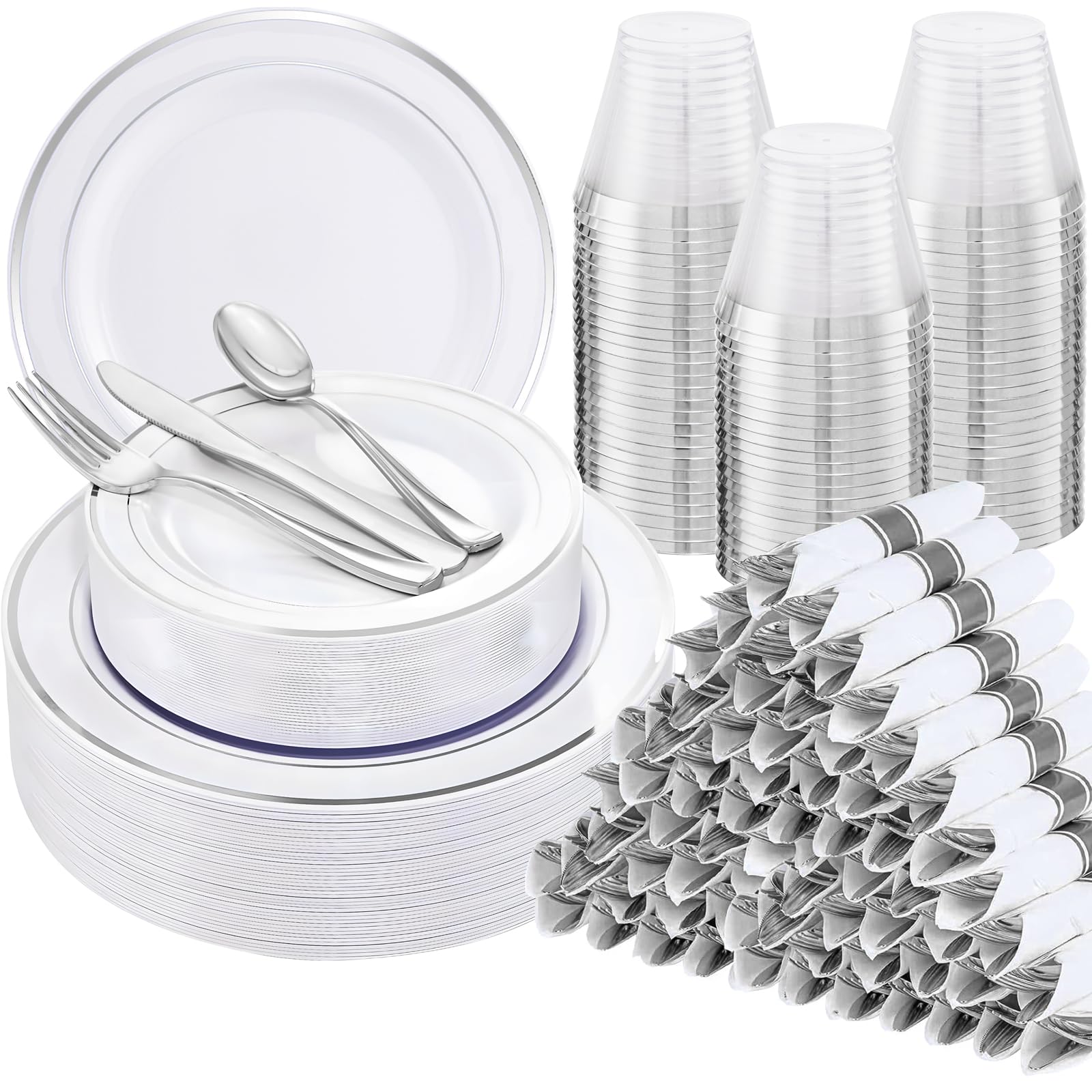 Photo 1 of WELLIFE 700 Pcs Silver Plastic Plates for 100 Guests - Party Supplies Includes 200 Silver Plastic Plates,300 Silverware,100 Napkins,100 Cups for Party,Disposable Dinnerware Set