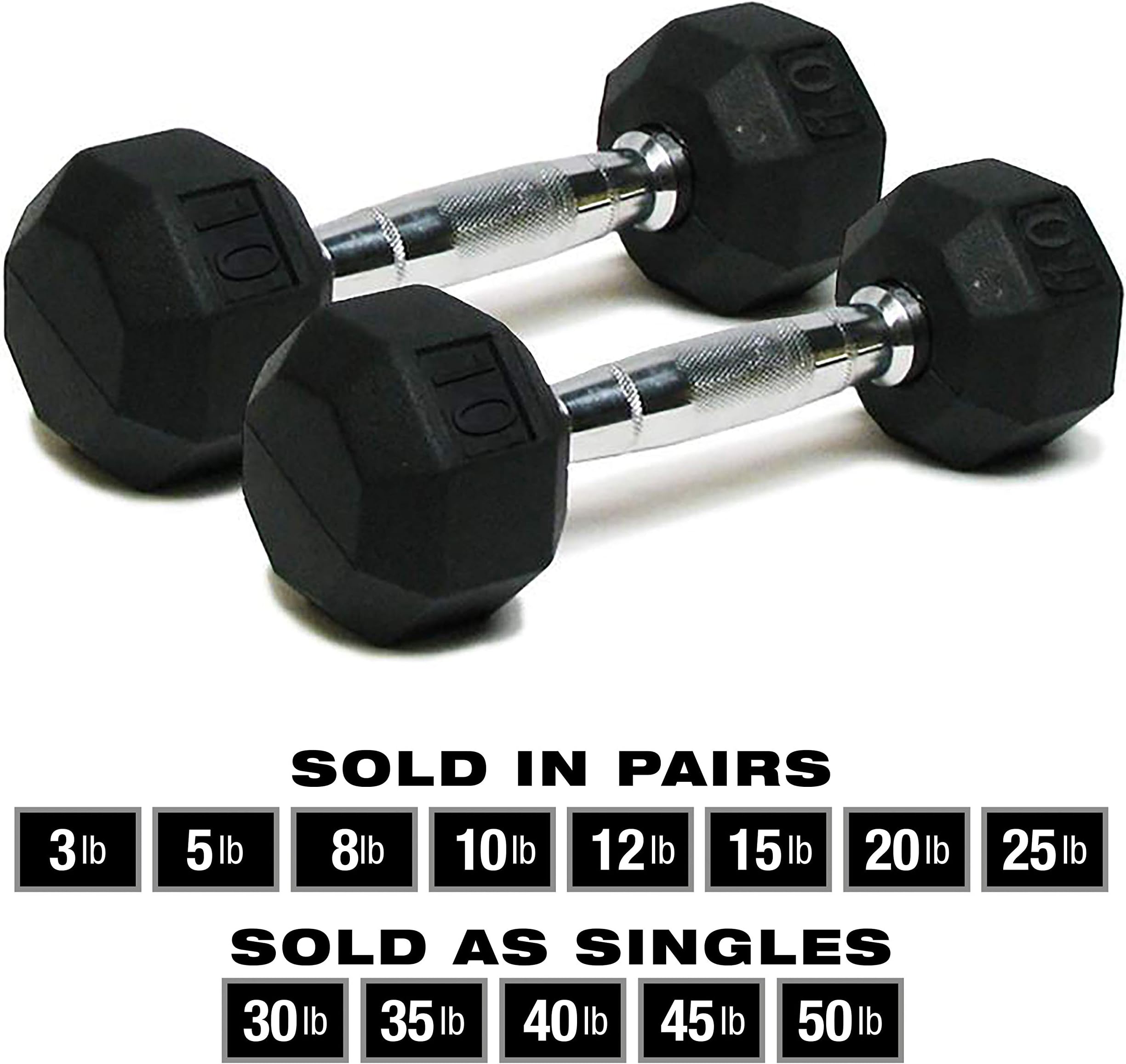 SPRI Dumbbells Hand Weights Deluxe Rubber Encased Chrome Handle All-Purpose Dumbbell (Available in 3, 5, 8, 10, 12, 15, 20, 25, 30, 35, 30, 45, 50 Pounds)