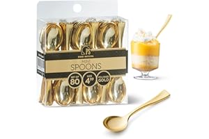 Posh Setting Plastic Mini Gold Spoons, 4 inch Gold Dessert Spoon Disposable, Small Plastic Spoons for Dessert, Tiny Little Appetizer Spoon Golden (80 Pack)