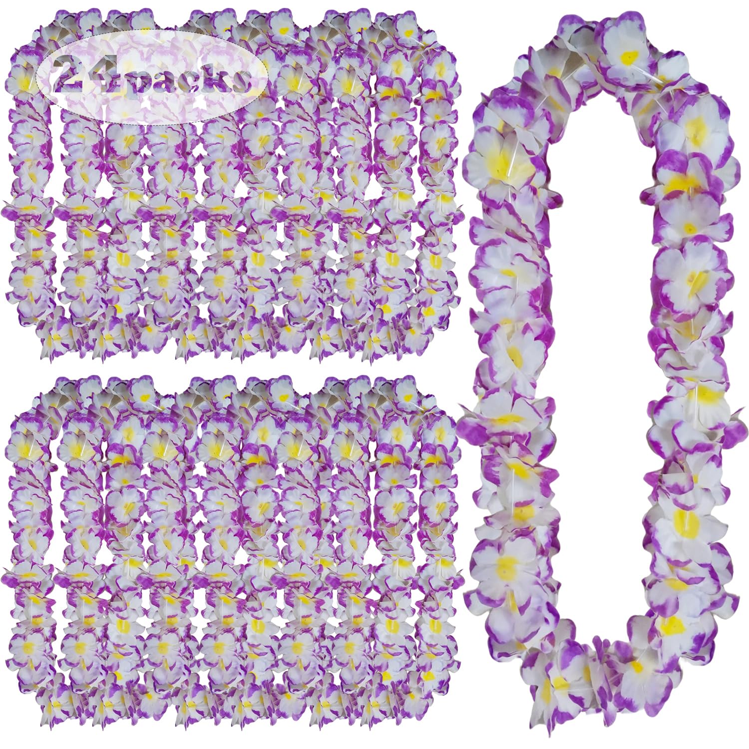 Photo 1 of 24Counts Thickened Hawaiian Leis Bulk, Flower Lei Halloween Party Supply Floral Necklace for Fall Weddiing Garland Hula Dance Costume Graduation Leis Bridal Shower Decorations