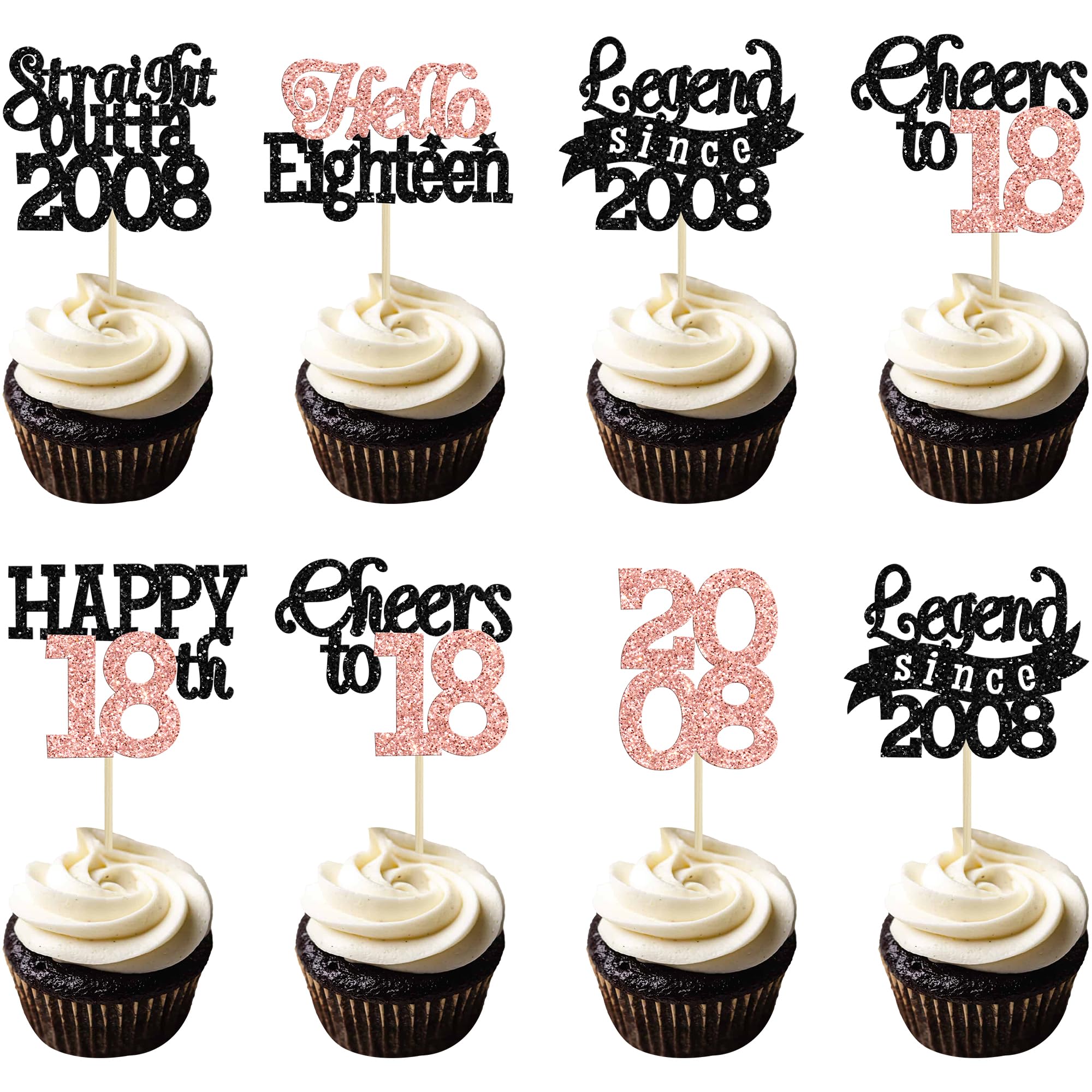 Gyufise 24Pcs Happy 18th Birthday Cupcake Toppers Hello Eighteen Legend Since 2008 Cupcake Picks Cheers to 18 Years Cake Decorations for 18th Birthday Anniversary Party Supplies Black Rose Gold
