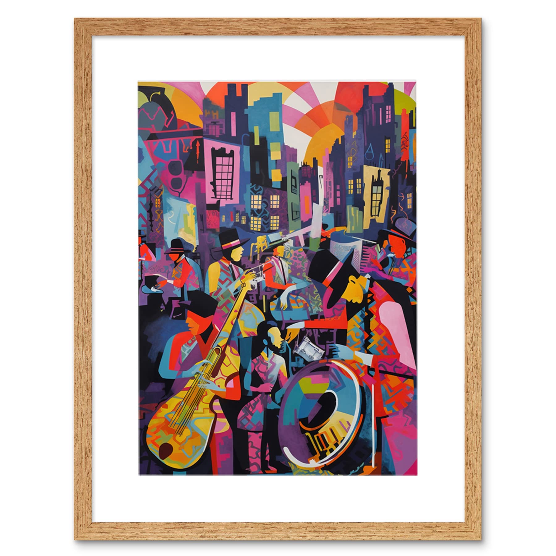 Artery8 New Orleans Jazz Festival Street Musicians Playing Music City at Sunset Abstract Modern Painting Artwork Framed Wall Art Print 12X16 Inch