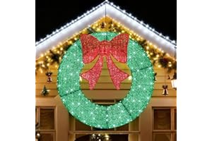 Sweetcrispy 48in Pre-Lit Christmas Wreath, LED Lighted Holiday Outdoor Decoration with Bow for Door, Mantel, Wall, Windows, Front Door Decor, Green Wreath - Red Bow