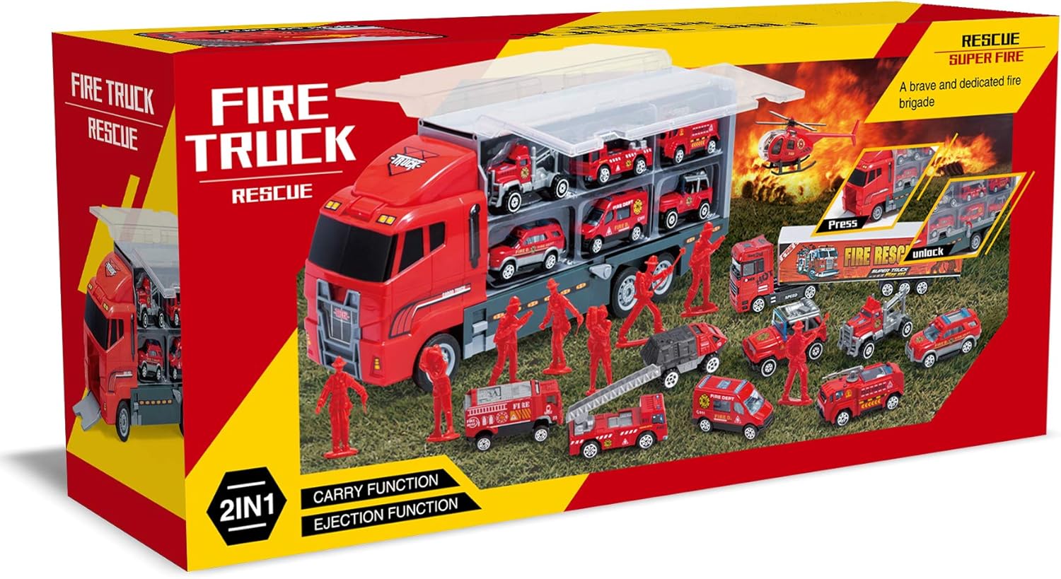JOYIN 10 in 1 Die-cast Fire Truck Engine Vehicle Mini Rescue Emergency Fire Truck Toy Set in Carrier Truck: Toys & Games