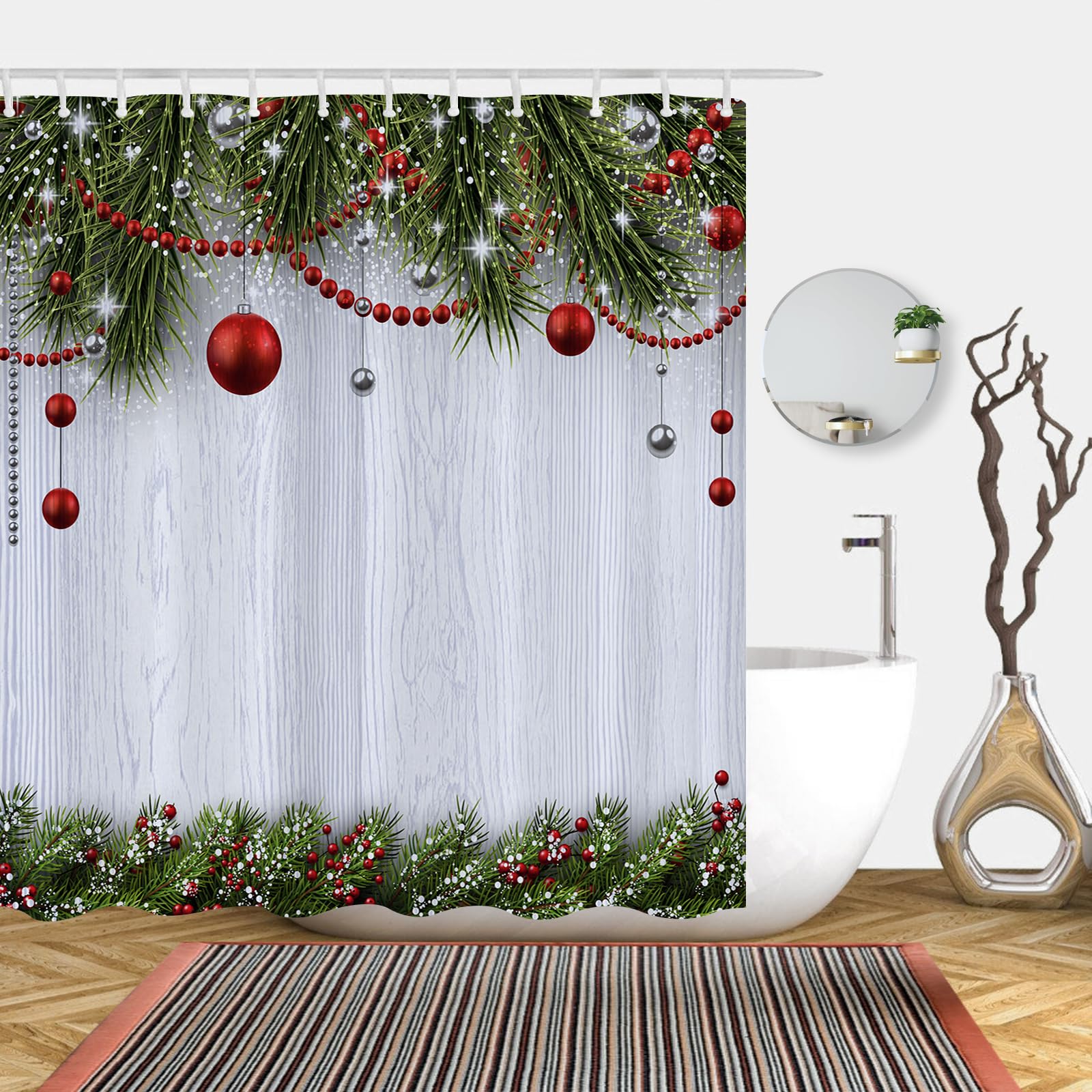 Abaysto Winter Christmas Rustic Wood Shower Curtains for Merry Xmas Bath Bathroom Snowflakes Snowy Pine Trees Home Decors Fabric Waterproof Shower Curtain Set with 12 Hooks 180X180 CM