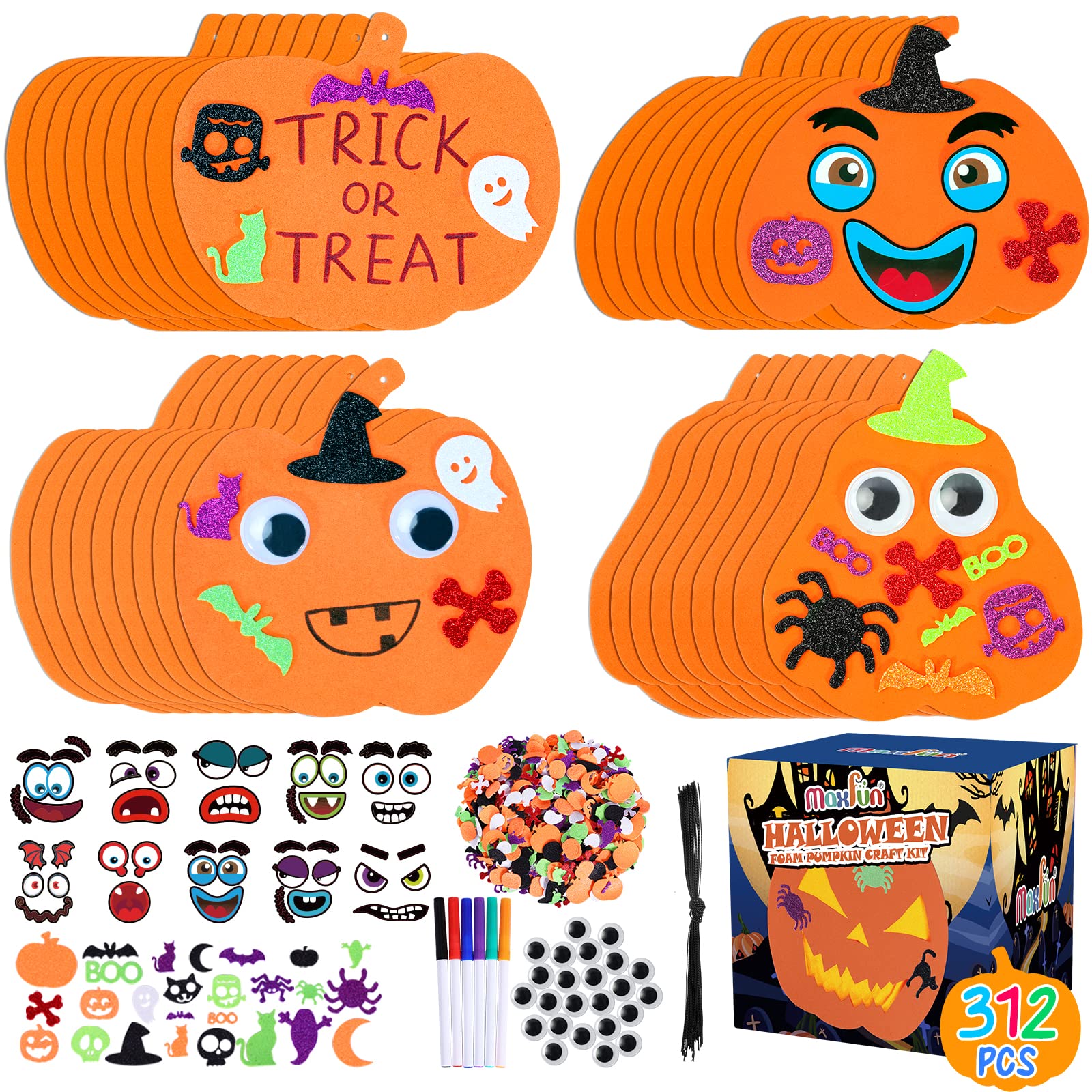 Max Fun 332PCS Halloween Crafts for Kids, Halloween Activities Foam Pumpkins for Crafts Stickers Gift Kits, DIY Art and Craft Set for Holiday Classroom Decorations Party Favors Supplies