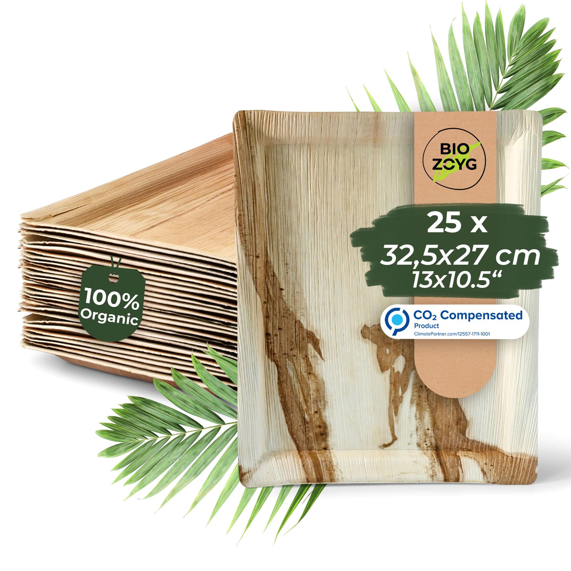 BIOZOYG 25x Disposable Serving Plate Made from Palm Leaf 32.5 x 27 cm Rectangular - Disposable Tray, Serving Platter Compostable - Party Tableware