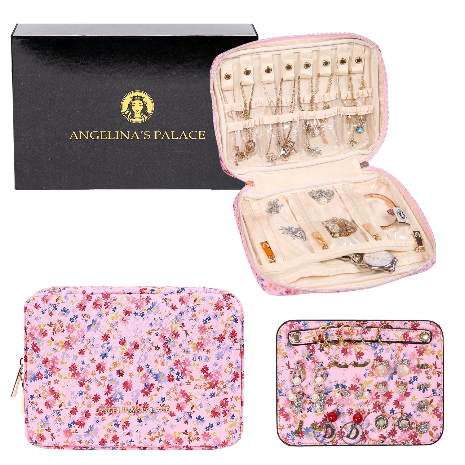 Angelina's Palace Large Jewelry Organizer Case Bridesmaid Gifts Vegan Leather Waterproof Travel Jewelry Storage Bag for Necklace Earring Bracelet Ring(blossom pink)
