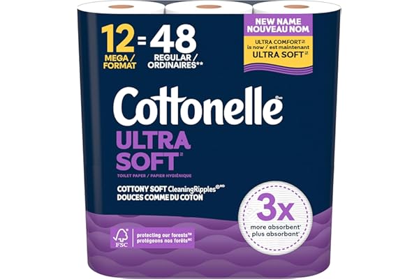Cottonelle Toilet Paper, 12 Mega Rolls = 48 Regular Rolls, Ultra Soft (Formerly Ultra Comfort), Soft Bathroom Tissue, 244 She