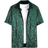 OYOANGLE Men's Sequin Shiny Button Down Shirt Short Sleeve Collared Shirts Party Holiday Tops