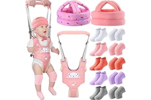Leumoi 13 Pcs Baby Safety Helmet Infant Baby Walking Harness with Anti Slip Knee Pads for Crawling Toddler Socks 2 No Bumps Baby Head Protector 1 Adjustable Walking Assistant (Pink Rabbit)