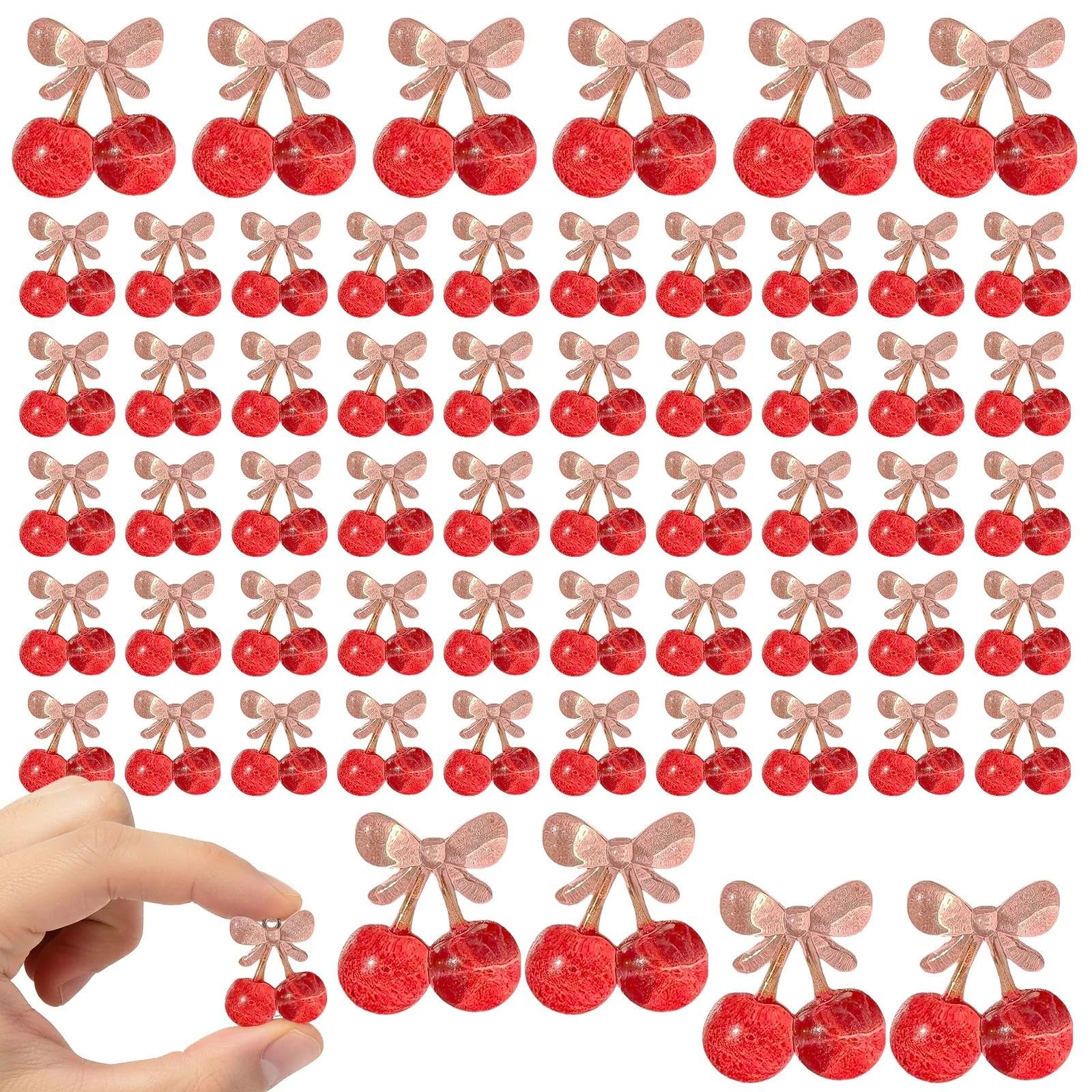 Photo 1 of 60 Pieces Glossy Resin Cherry with Bow Cabochons, Approx 1 Inch Kawaii Red Pink Flatback Embellishments for DIY Crafts, Hair Accessories, Decoden, Valentine's Day Decorations