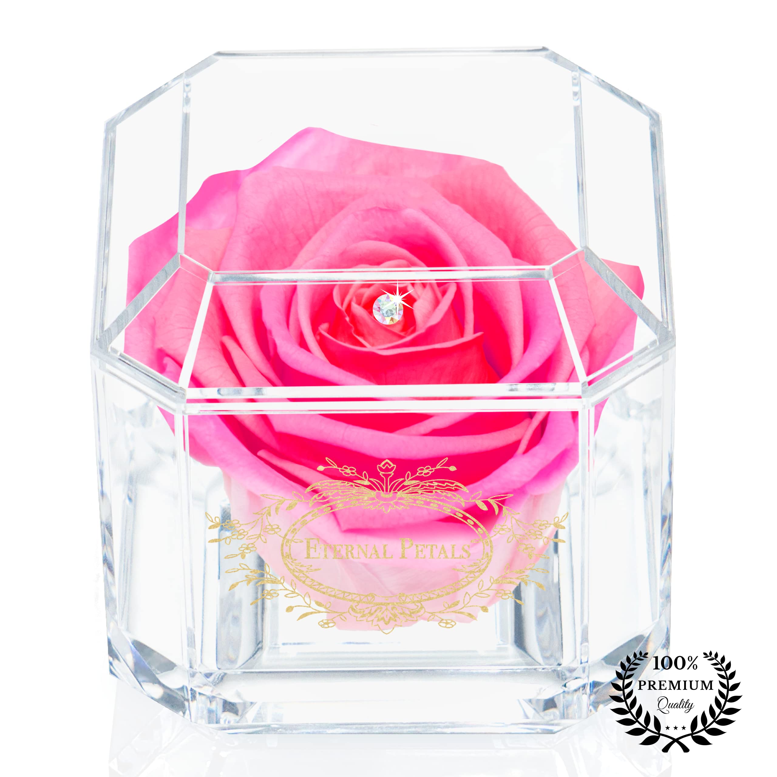 Eternal Petals A 100% Real Rose That Lasts Years, Handmade in UK – Gold Solo with A Multicolour Crystal (Double Pink)