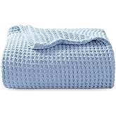 Bedsure Gentlesoft 100% Cotton Large Throw Blanket for Couch 50x70 inches - Breathable and Soft for Spring Summer, Waffle Weave Throw Blanket for Office, Sky Blue