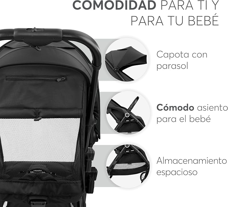 KikkaBoo Silla de Paseo Ligera CIELA, Carrito Bebé Compacto hasta 22 kg, Plegado Automático, Reclinable, Superligero, Tamaño Cabina Avión, Negro