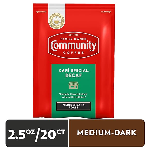 COMMUNITY COFFEE CAFÉ SPECIAL DECAF, MEDIUM DARK ROAST PRE-MEASURED COFFEE PACKS, 2.5 OUNCE EACH (PACK OF 20)