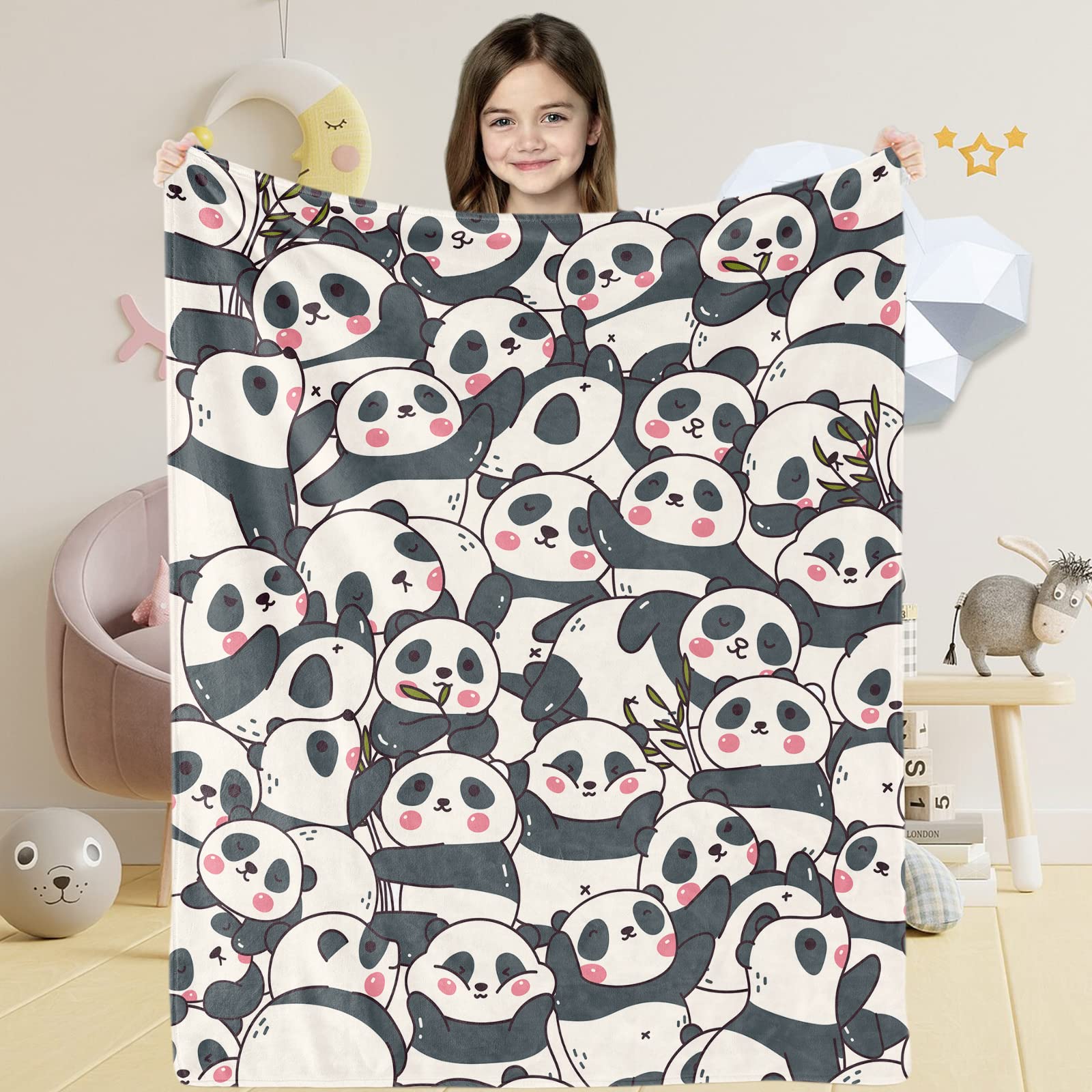 Lingqiang Panda Gift Blanket for Baby Girls, Cute Soft Cartoon Plush Flannel Lovers, Cozy Warm Lovely Bamboo Print Fluffy Throw Kids Newborn Toddler Crib, 76 x 100 cm, Panda - White — image 1