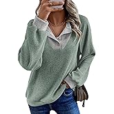 EVALESS Womens Spring Fashion 2026 Womens Long Sleeve Shirts Patchwork Button Up V Neck Sweatshirt Casual Pullover Tops