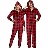 EK4YDNDS Couple Lightweight Fleece Onesie Pajamas, Hooded Printed Zipper Pjs Set for Women & Men Christmas Sleepwear Warm
