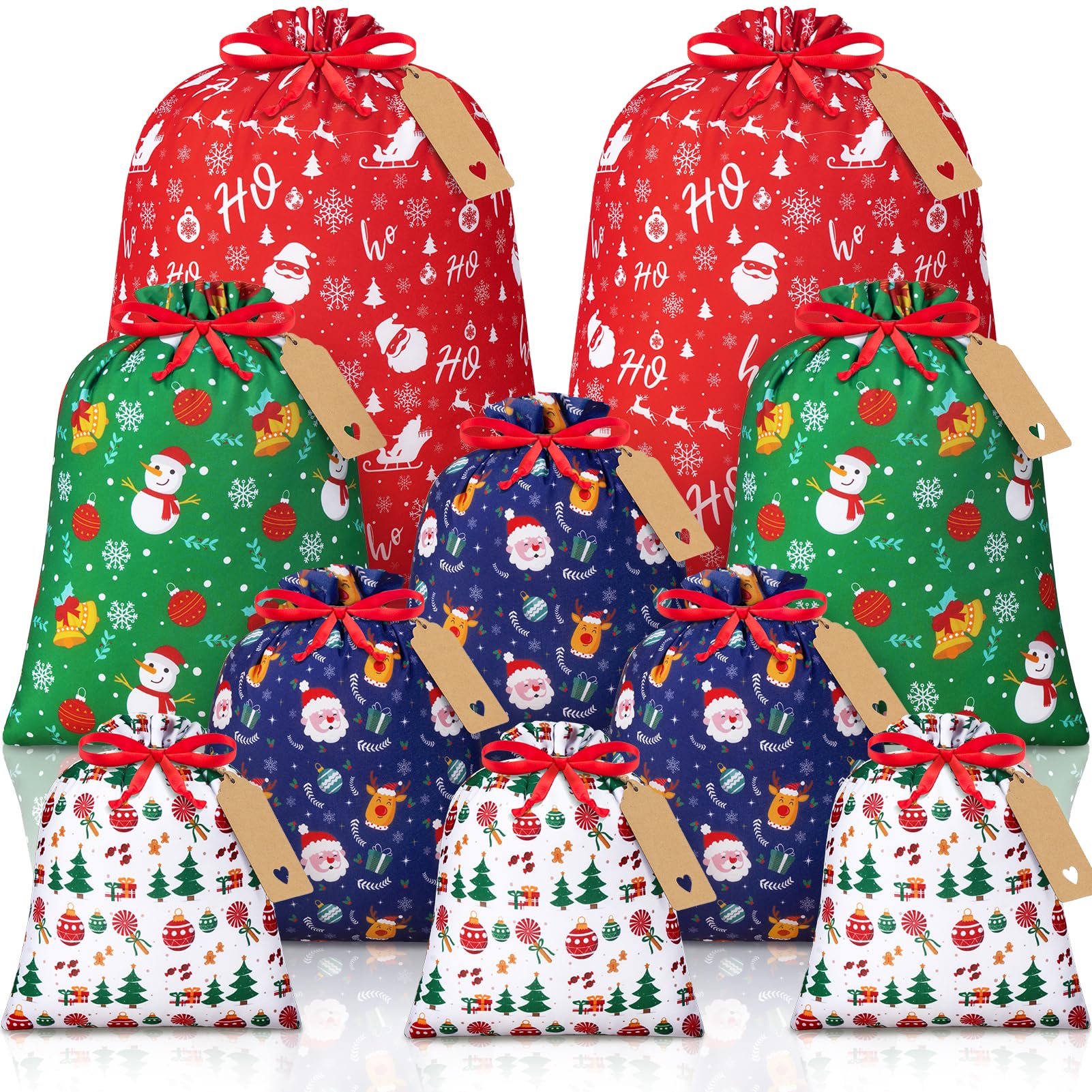 Photo 1 of 10 PCS Christmas Drawstring Gift Bags with Tags, Xmas Gift Bags Assorted Sizes Bulk, Large Medium Small Holiday Gift Bag Cotton Fabric Gifts Wrapping Bag for Christmas Presents Party Favor Goody Sack