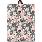 AHUCIZ Cute Pig Flannel Throw Blanket, 50"x60", Playful Farm Animal and Floral, Warm Lightweight Blankets, Machine Washable, Adults Kids Gifts, Outdoor Indoor Travel Hiking Nap Throw, Home Decorate