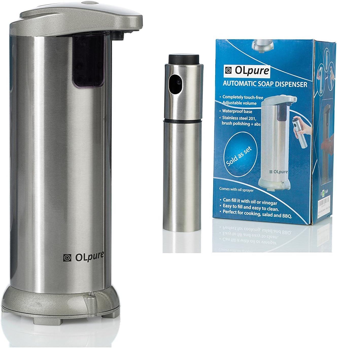 OLpure Automatic Hand Soap Dispenser Touchless Stainless Steel, Brush Polishing, Waterproof Base. Comes with Oil Spray Bottle