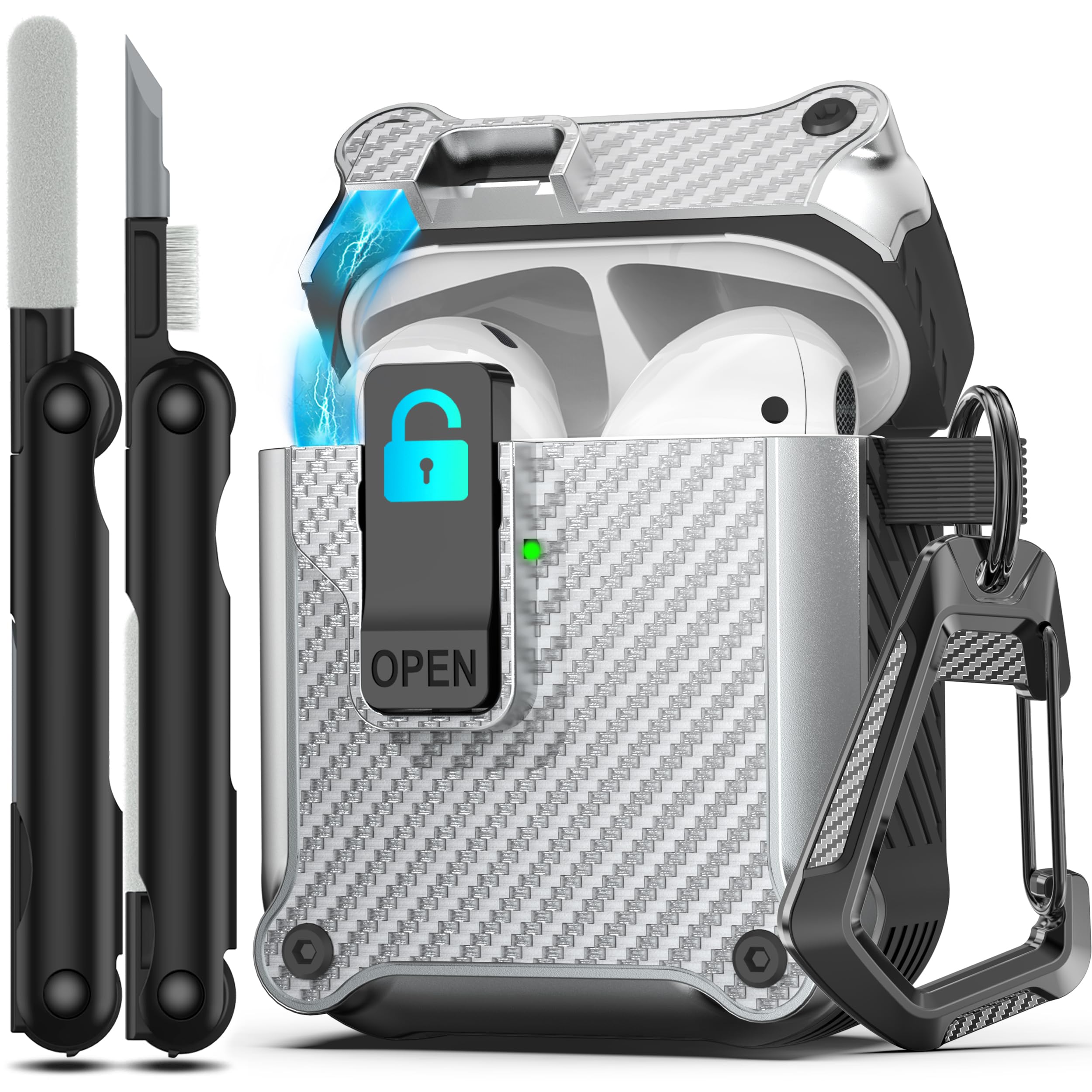 RFUNGUANGO Compatible with Airpods 2nd /1st Case,Automatic Pop-up with Safety Lock Clip, Full Body Shockproof Hard Case with Keychain Compatible with AirPods case,Carbon Fiber Silver