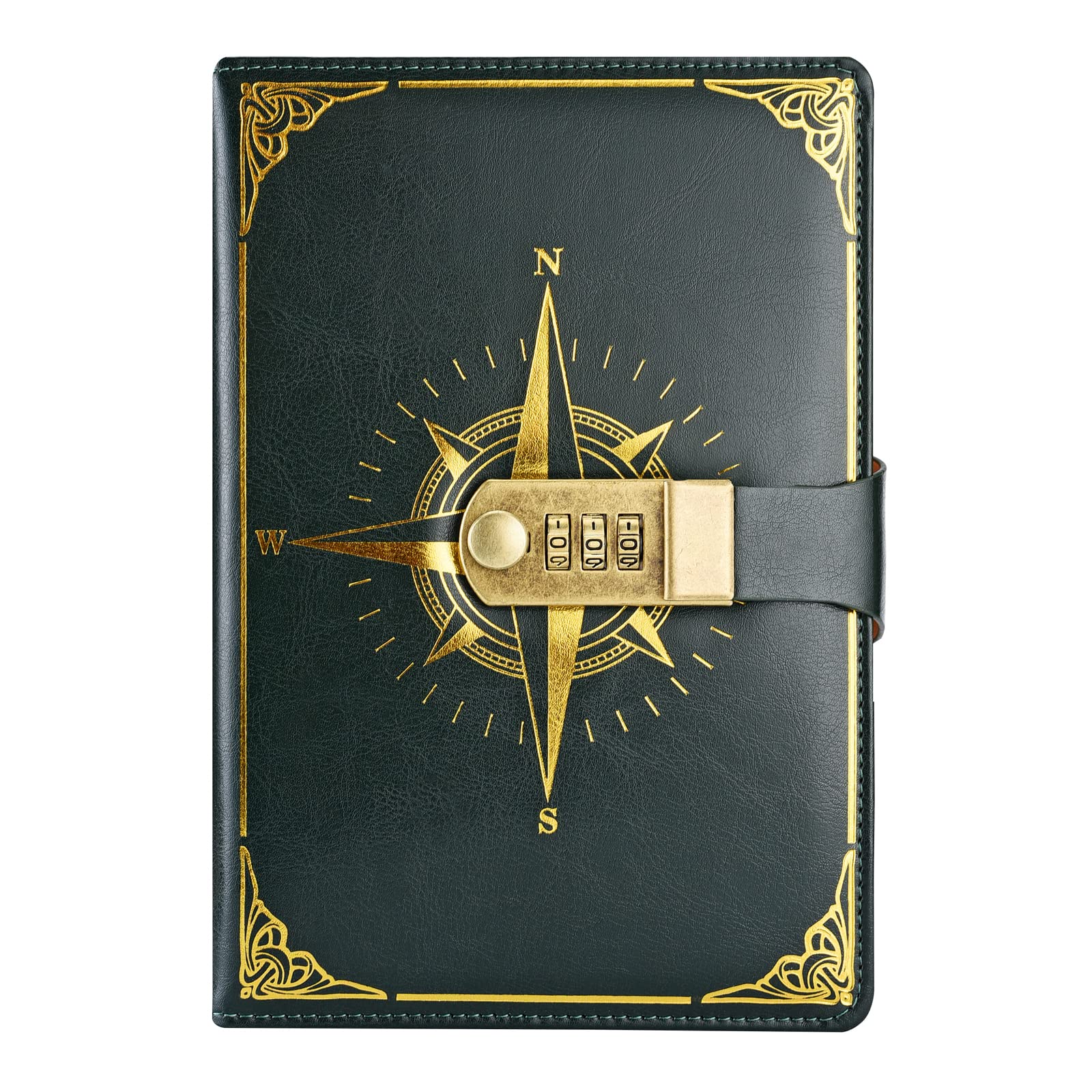 NectaRoy Vintage Travel Journal, A5 Lockable Diary(Compass Pattern), Notebook with Lock/Pen Holder/Card Slots, Office School Supplies Student Stationery, Size 8.6"x5.9"