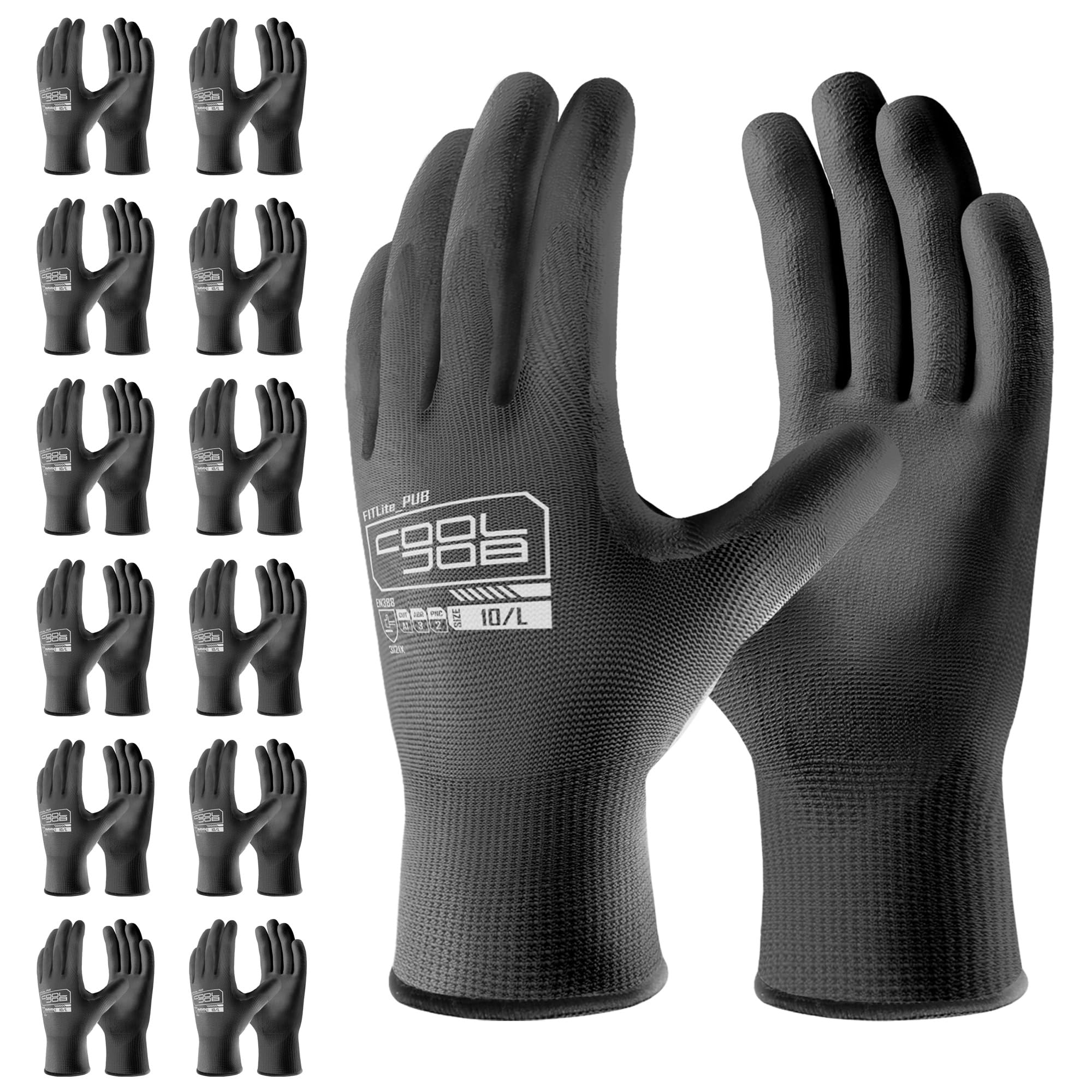 COOLJOB 12 Pairs Safety Work Gloves Pack Bulk with Grip PU Coating, 13 Gauge Seamless Knit Gloves with Polyurethane Dipped for Warehouse Working, Breathable Lightweight for Men Women, Black Large