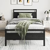 HOJINLINERO Black Twin Bed Frame with Wood Headboard,Single Bed Frame | Metal Single Platform Bed Frame No Box Spring Needed,Heavy Duty Metal Slats Support,Mattress Base,Noise Free,Easy to Assemble
