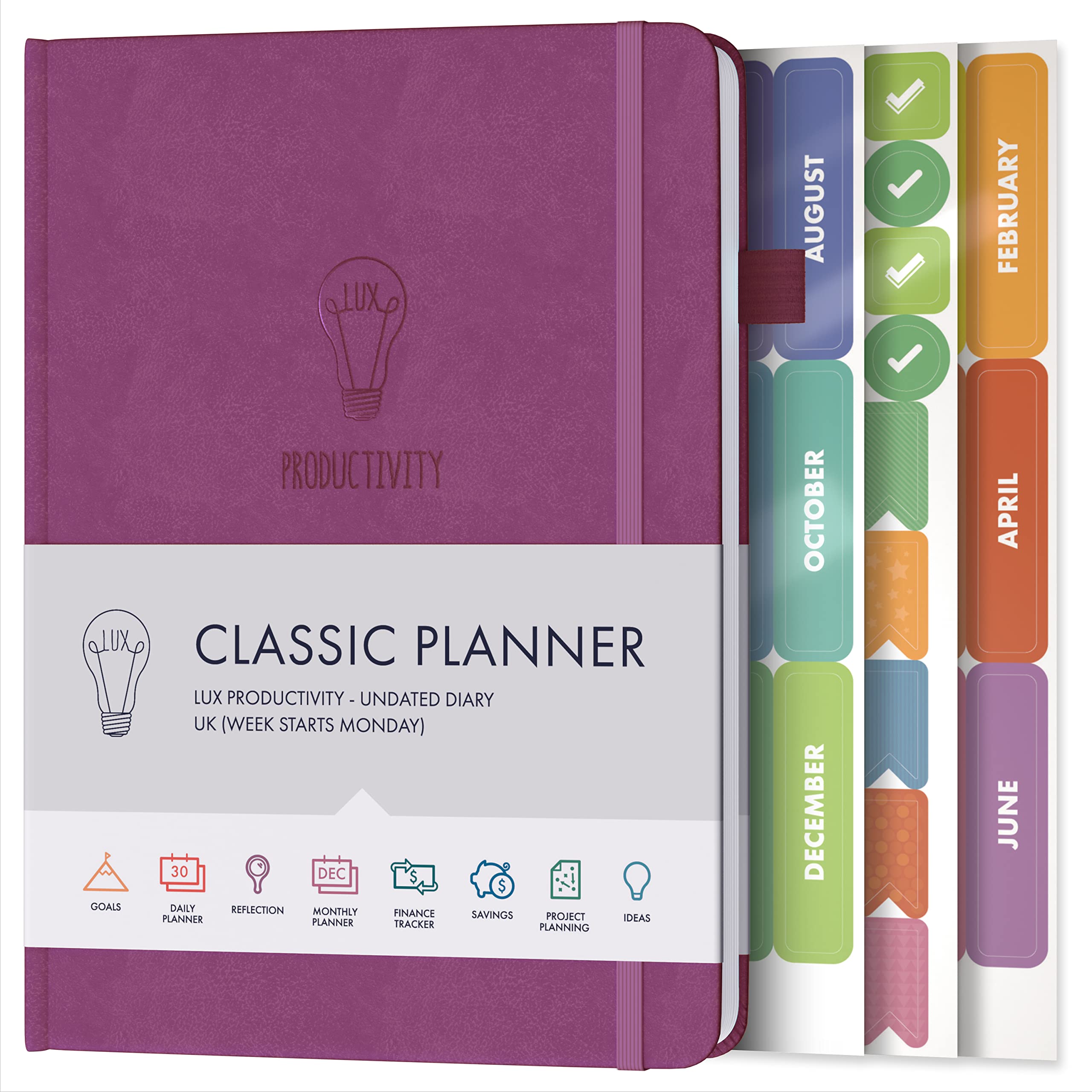 Daily Planner & appointment diary - Gratitude journal, wellness journal & Undated weekly planners and organisers - Desk journals for women & men - LUX Productivity Classic (MULBERRY PURPLE)