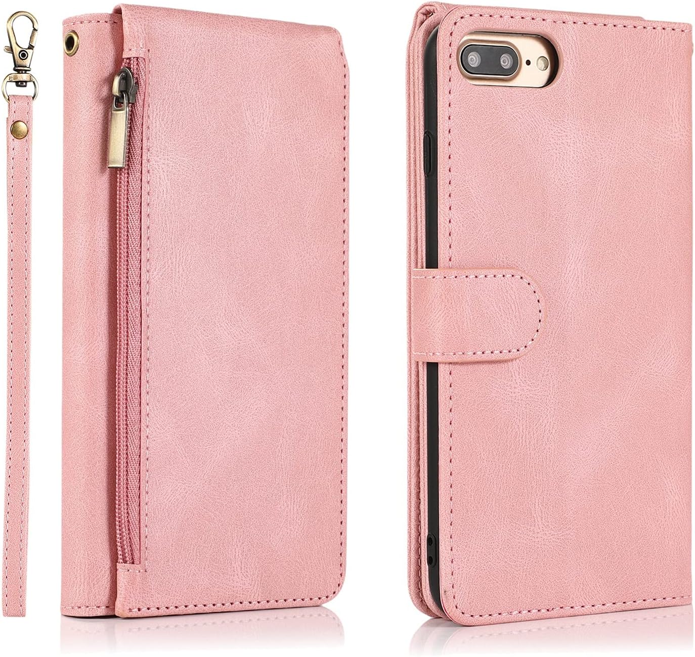 AHUOZ Phone Flip Case Cover for iPhone 6/7/8 Plus Phone Case, Leather Zipper Pocket Card Holder Slot, Wrist Strap, Flip Protection Phone Case, Suitable for iPhone 6/7/8 Plus (Color : Rose Gold)