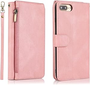 AHUOZ Phone Flip Case Cover for iPhone 6/7/8 Plus Phone Case, Leather Zipper Pocket Card Holder Slot, Wrist Strap, Flip Protection Phone Case, Suitable for iPhone 6/7/8 Plus (Color : Rose Gold)