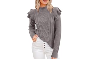 KIRUNDO Women's 2024 Fall Winter Fashion Ruffle Long Sleeve Chunky Cable Knit Sweater Casual Crew Neck Ribbed Pullover