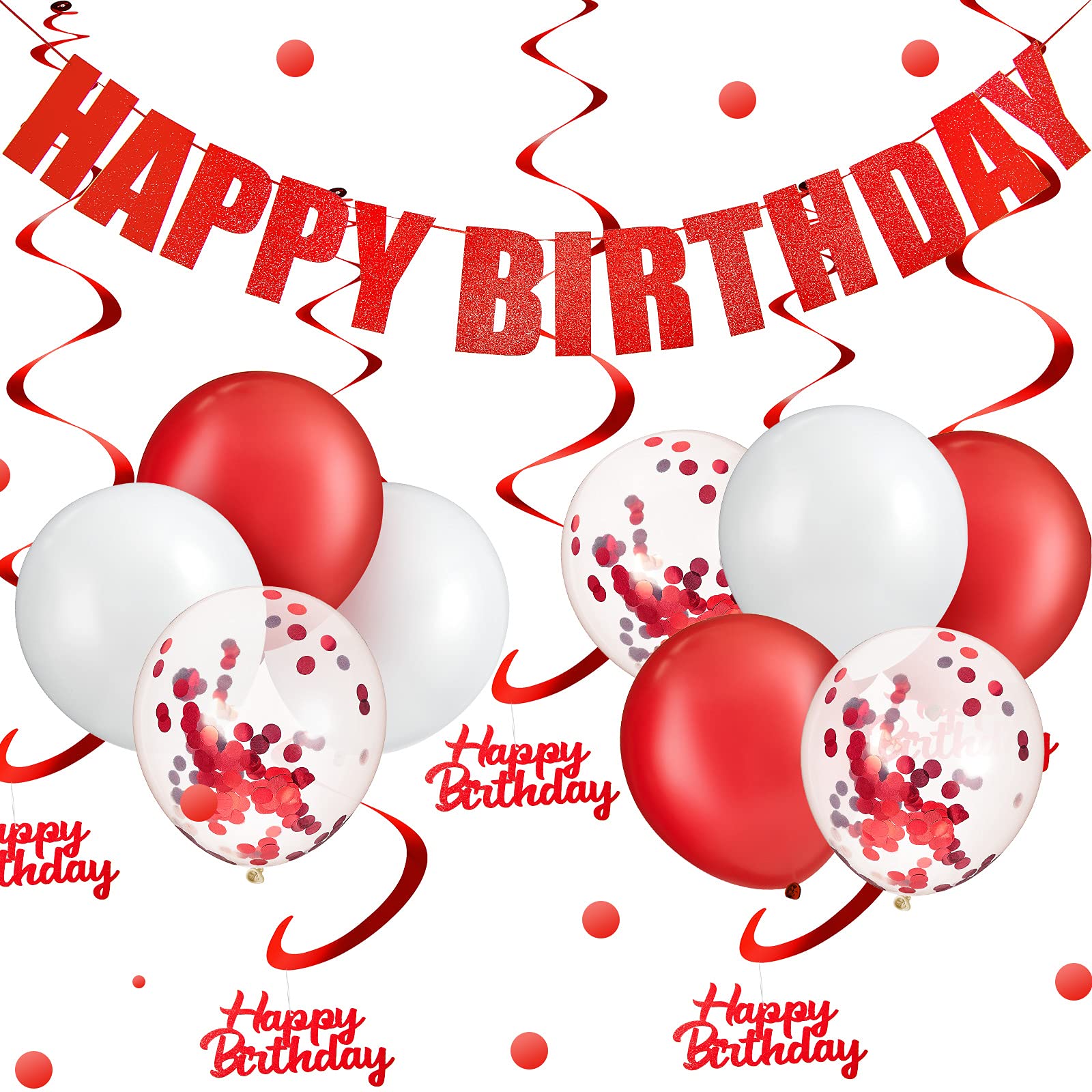 17 Pcs Red and White Happy Birthday Decorations Set Happy Birthday Hanging Banner Swirls Confetti Latex Balloons Sequined Balloon for Party Decoration