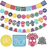 HOWAF 42pcs Day of The Dead Papel Picado Banner, Felt Dia De Los Muertos Sugar Skull Marigold Hanging Garland for Mexican Dia de Los Muertos Altar Decor, Colorful Cinco De Mayo Flag Banner