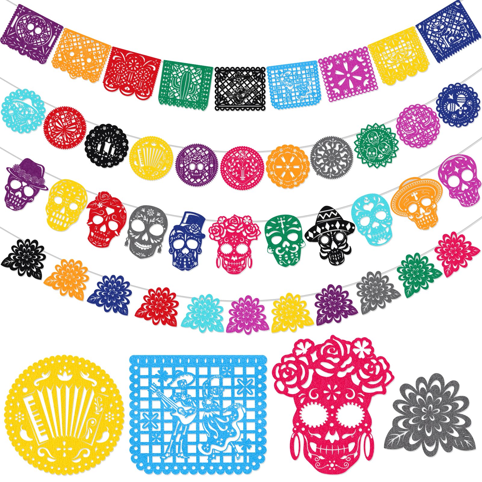 HOWAF 42 Ft Day of The Dead Bunting for Day of The Dead Decorations, Felt Day of The Dead Banners Papel Picado Sugar Skull Mexican Bunting, Halloween Banner for Dia De Los Muertos Decorations — image 1