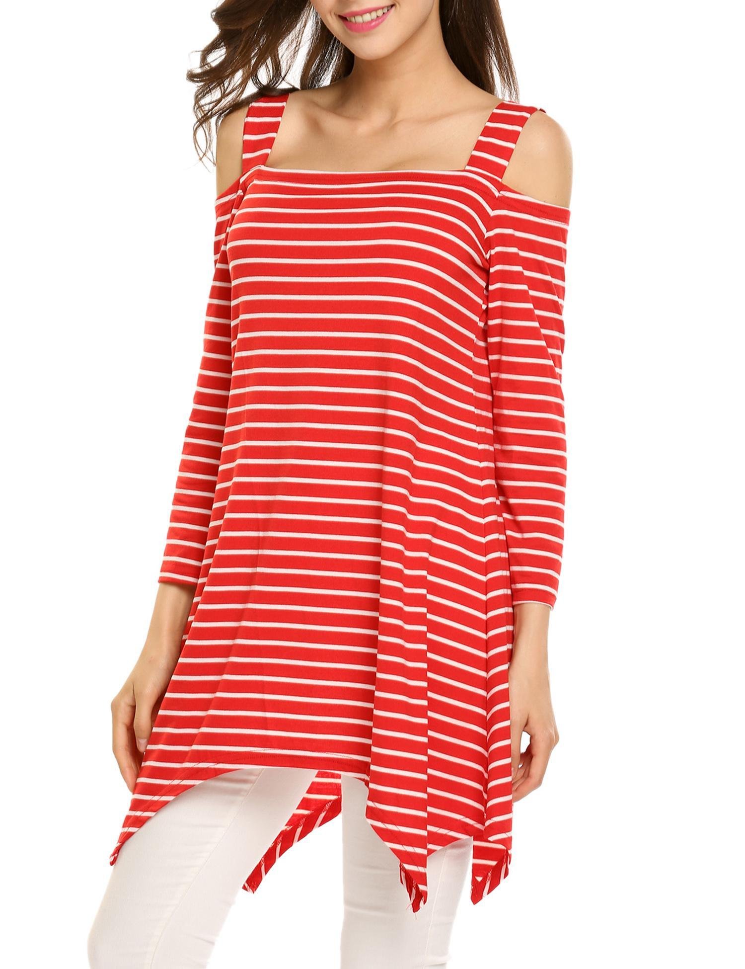 Women Off the Shoulder Swing Tunic Striped Loose Fit A line T-Shirt Dress Red/M
