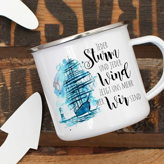 Enamel Mug Camping Cup Ship Sailing ship maritime saying