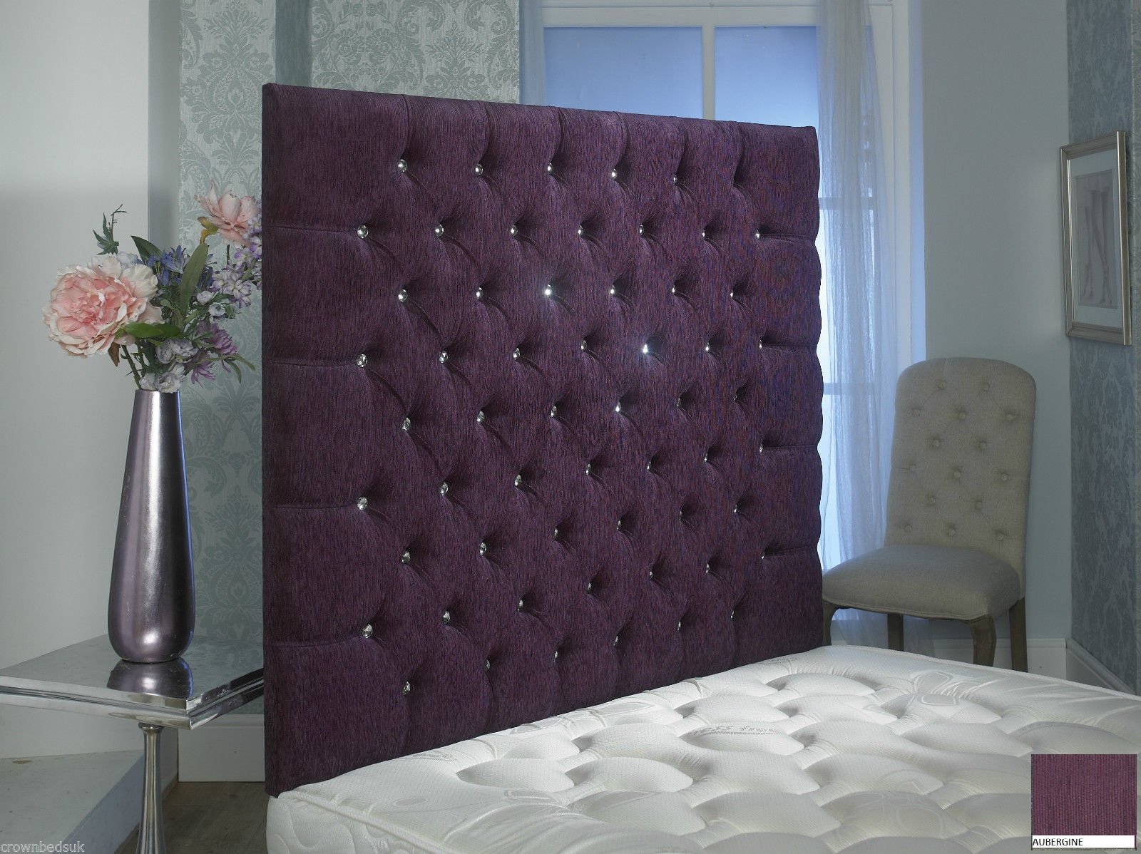 CROWNBEDSUK CHESTERFIELD WALL HEADBOARD CHENILLE IN 2ft6,3ft,4ft,4ft6,5ft,6ft Height 44'' MATCHING BUTTONS (4FT6 DOUBLE, Aubergine)