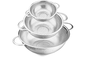 E-far Stainless Steel Colander Set of 3 (1-3-5Quart), Micro-Perforated Metal Colander Strainer with Handle for Kitchen/Draining Pasta/Rinsing Vegetables Fruits, Heavy Duty & Dishwasher Safe