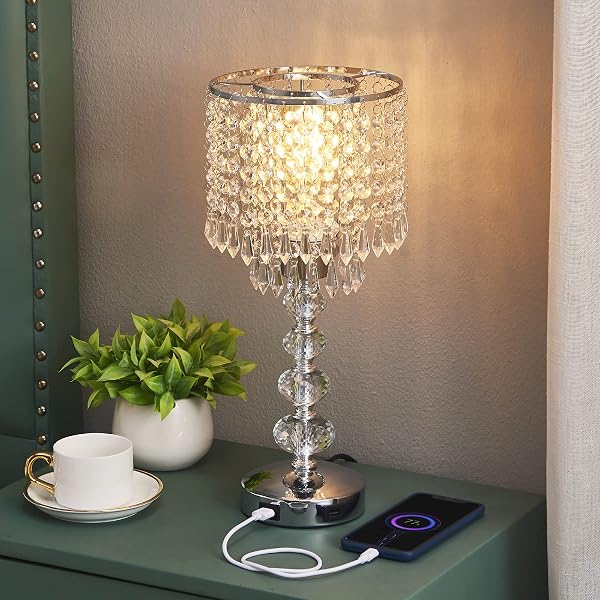 ACAXIN CRYSTAL TABLE LAMPS FOR BEDROOM NIGHTSTAND – TOUCH BEDSIDE LAMPS WITH TWO USB CHARGING PORTS SILVER, 3 WAY DIMMABLE SMALL GLAM LAMP FOR GIRLS, NIGHT STAND LAMP FOR LIVING ROOM