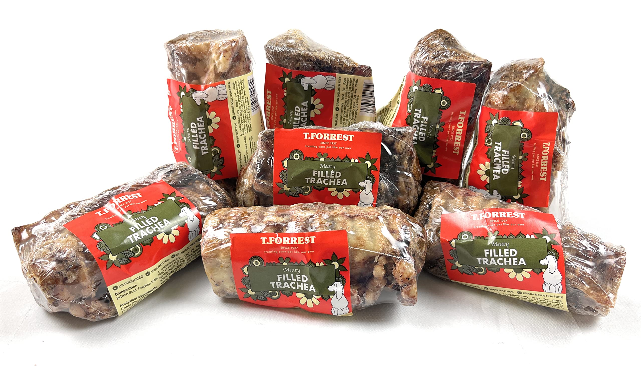 T forrest 8 x 100% Natural, Air Dried Dog Treats - 8 x Meat Filled Tracheas - Produced in UK